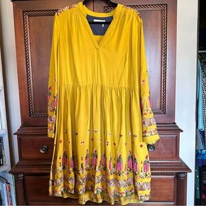 Floreat Anthropologie Mustard Embroidered Long Sleeve Dress